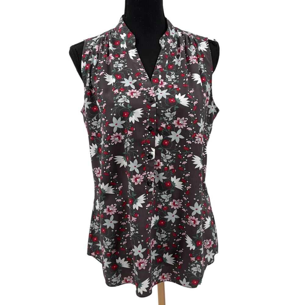 Cabi Womens Plaza Fiesta Floral Gray Sleeveless Button Front Career Work Blouse